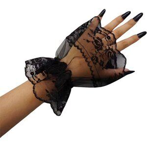 Women's Front Wrist Cuff Floral Lace Bow Wrist Black Butterfly Prom Gloves